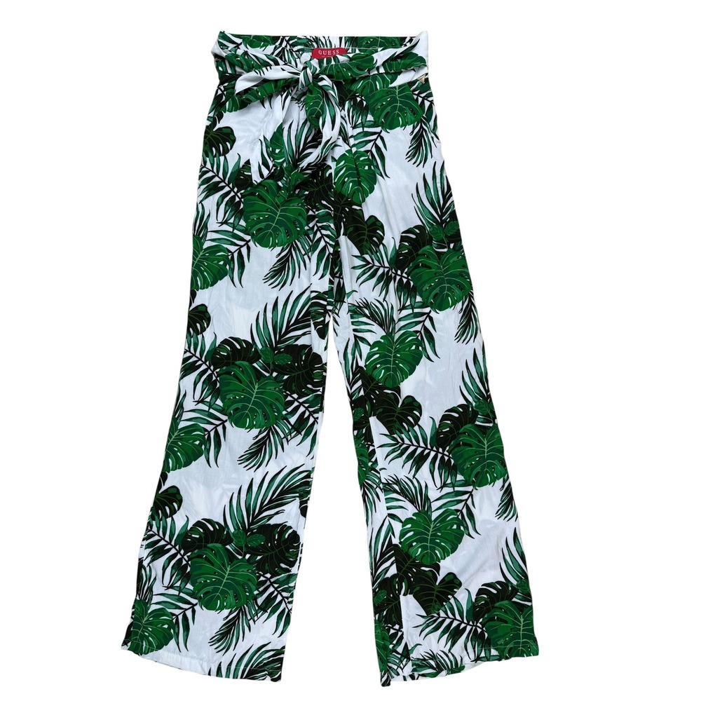 Guess XS Culotte Wide Leg Tropical Monstera Print Viscose Rayon Tie Waist Pant
